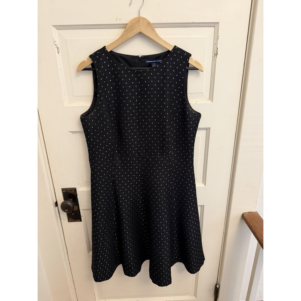 American‎ Living Women's Black & Metallic Polka Dot Flared Dress Size 14